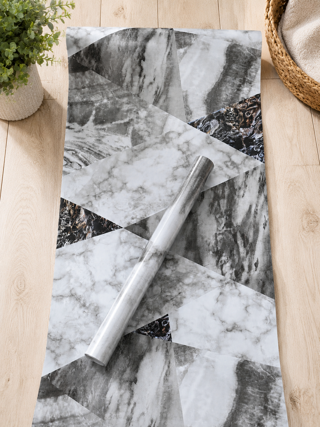 Marble self-adhesive roll from Budget Interiors, showing a close-up of realistic marble pattern on flexible adhesive paper.