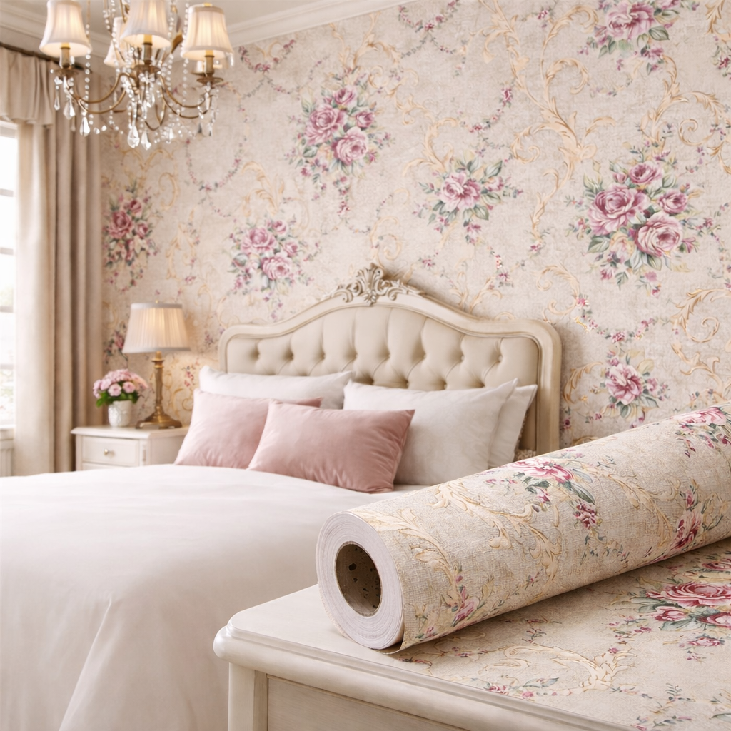 French Vintage theme / Pink Floral Wallpaper - Budget Interiors