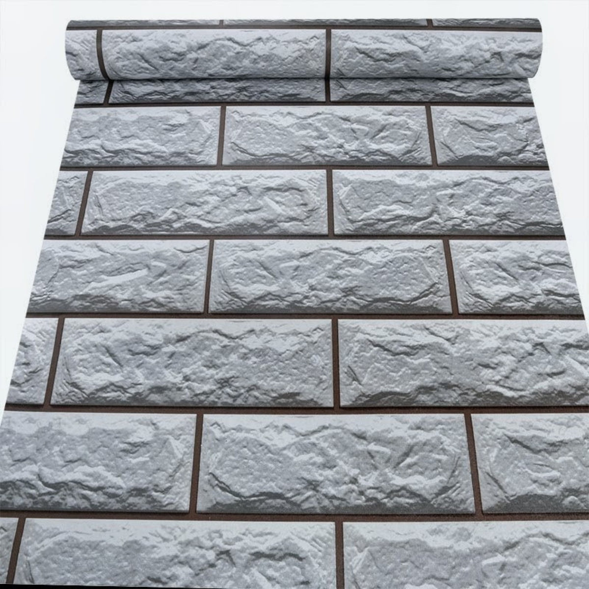 Grey 3D tile peel-and-stick backsplash from Budget Interiors, showing textured, modern design on a kitchen wall.
