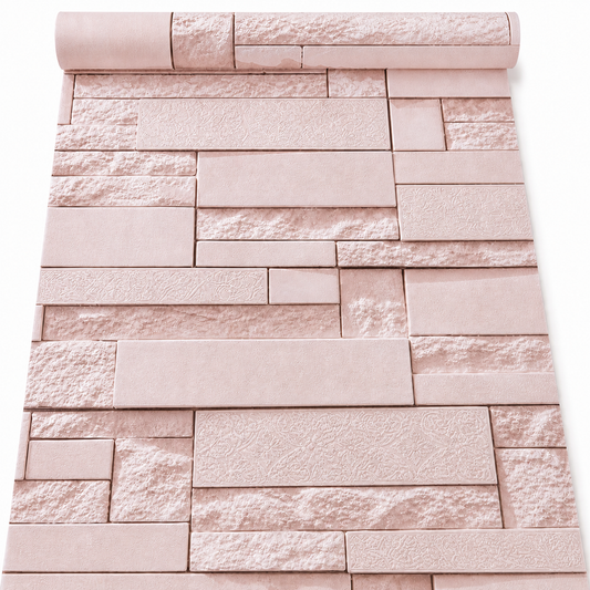 Peach 3D brick wallpaper by Budget Interiors showing textured peach-colored brick pattern for interior decor.