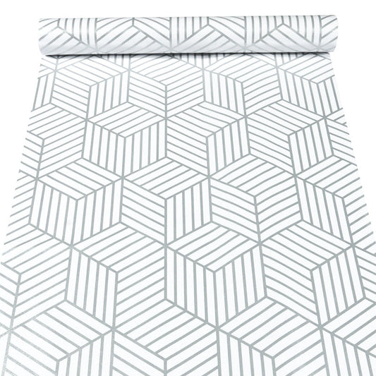 White and silver metallic self-adhesive wallpaper from Budget Interiors showing a sleek, reflective surface with a modern metallic finish.