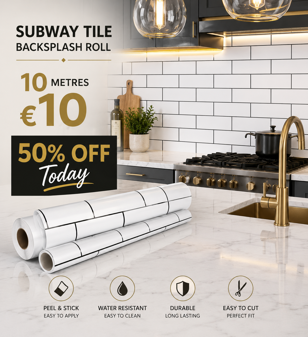 White tile backsplash from Budget Interiors, 10 metres, showing glossy rectangular ceramic tiles for kitchen or bathroom decor.