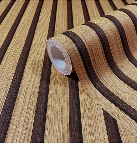 Wood effect self-adhesive wallpaper by Budget Interiors showing realistic wood grain pattern on smooth surface.