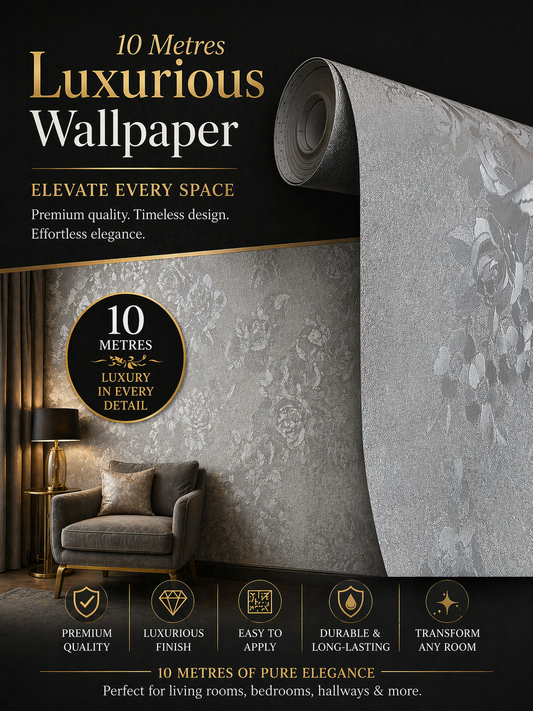 Grey luxurious wallpaper from Budget Interiors featuring a textured, elegant pattern suitable for stylish interior decor.