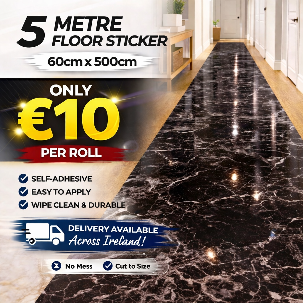 Brown marble floor sticker from Budget Interiors, 5 meters long, showing realistic marble pattern for home or office flooring.