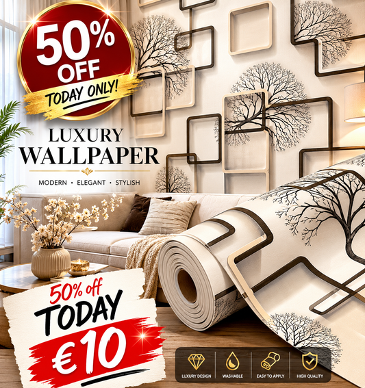 Decorative feature wallpaper from Budget Interiors with a bold, modern geometric pattern in neutral tones.