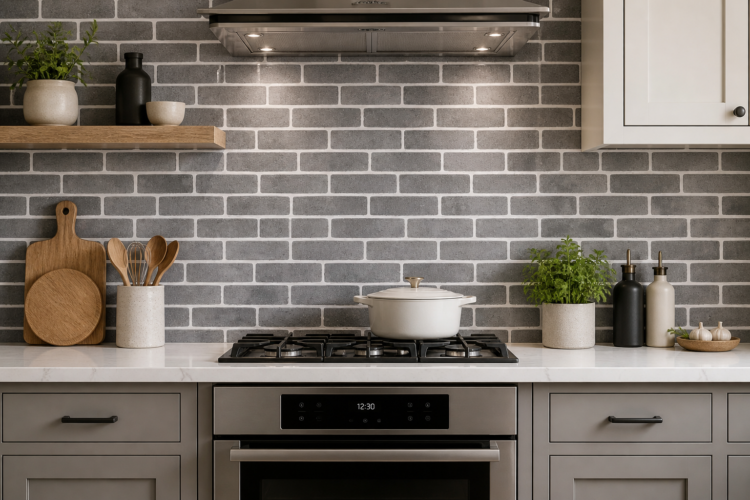 Grey tile self-adhesive backsplash roll from Budget Interiors, 10 meters long, showing a close-up of the textured tile surface.
