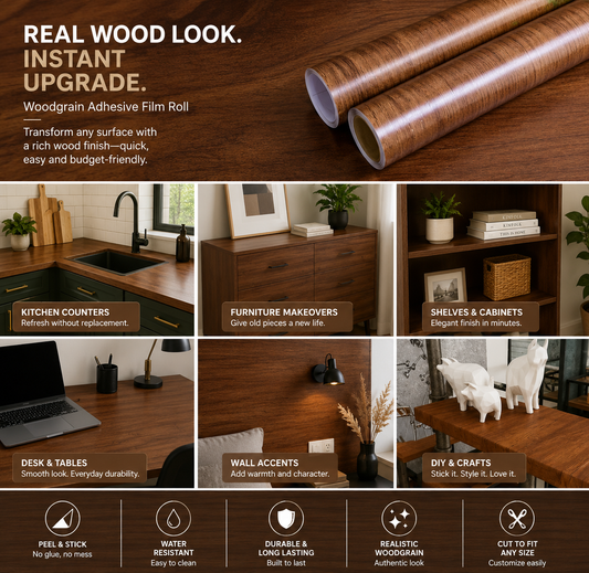 Teak wood self-adhesive roll by Budget Interiors, showing a close-up of the textured, adhesive-backed teak wood laminate for furniture.