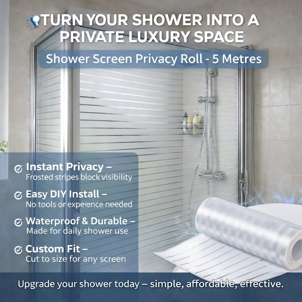 Budget Interiors shower screen privacy roll with heat and water resistance, showing a close-up of the textured, waterproof material.