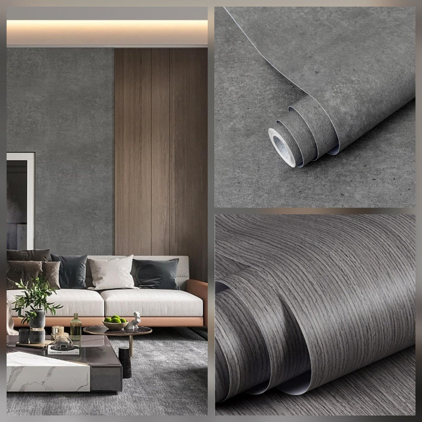 Grey concrete and greige tone wood decor pieces from Budget Interiors, showcasing modern design and natural textures.