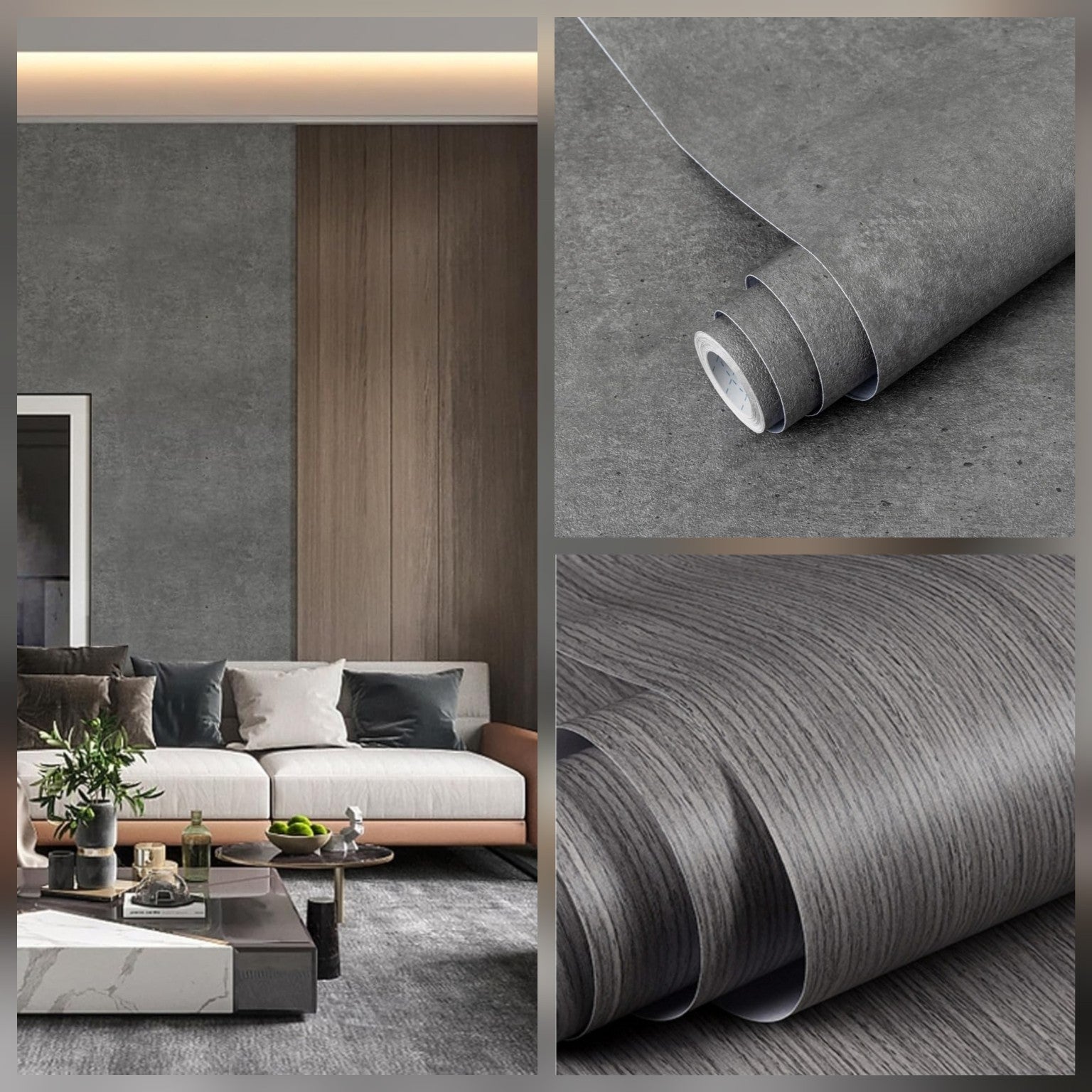 Grey concrete and greige tone wood decor pieces from Budget Interiors, showcasing modern design and natural textures.