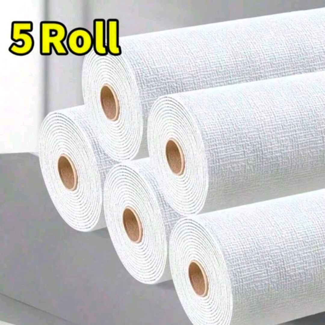 Five rolls of thick, luxurious waterproof self-adhesive wallpaper from Budget Interiors, each 10 meters long, shown rolled out.