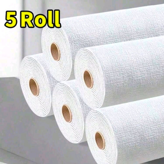 Five rolls of thick, luxurious waterproof self-adhesive wallpaper from Budget Interiors, each 10 meters long, shown rolled out.
