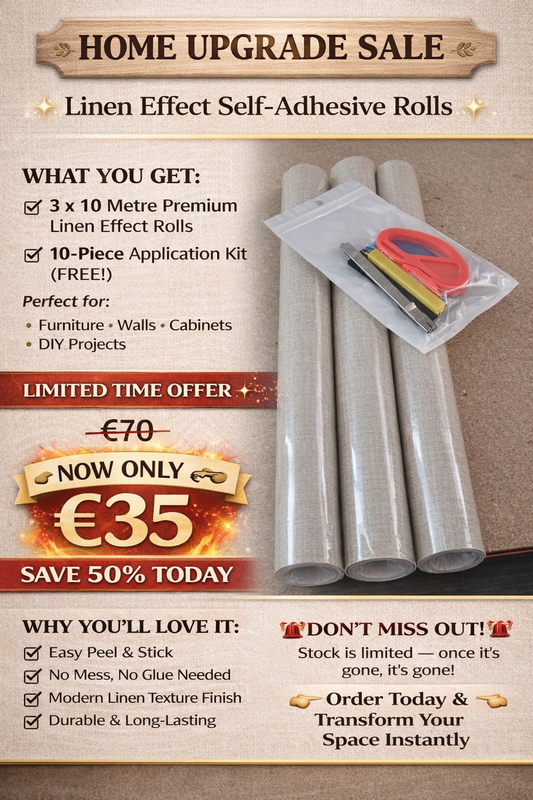 Linen effect fabric sample from Budget Interiors showing textured, light-colored linen-style material for home decor.