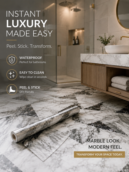 Budget Interiors luxurious marble effect floor makeover showing a sleek, polished marble-style flooring in a modern interior.