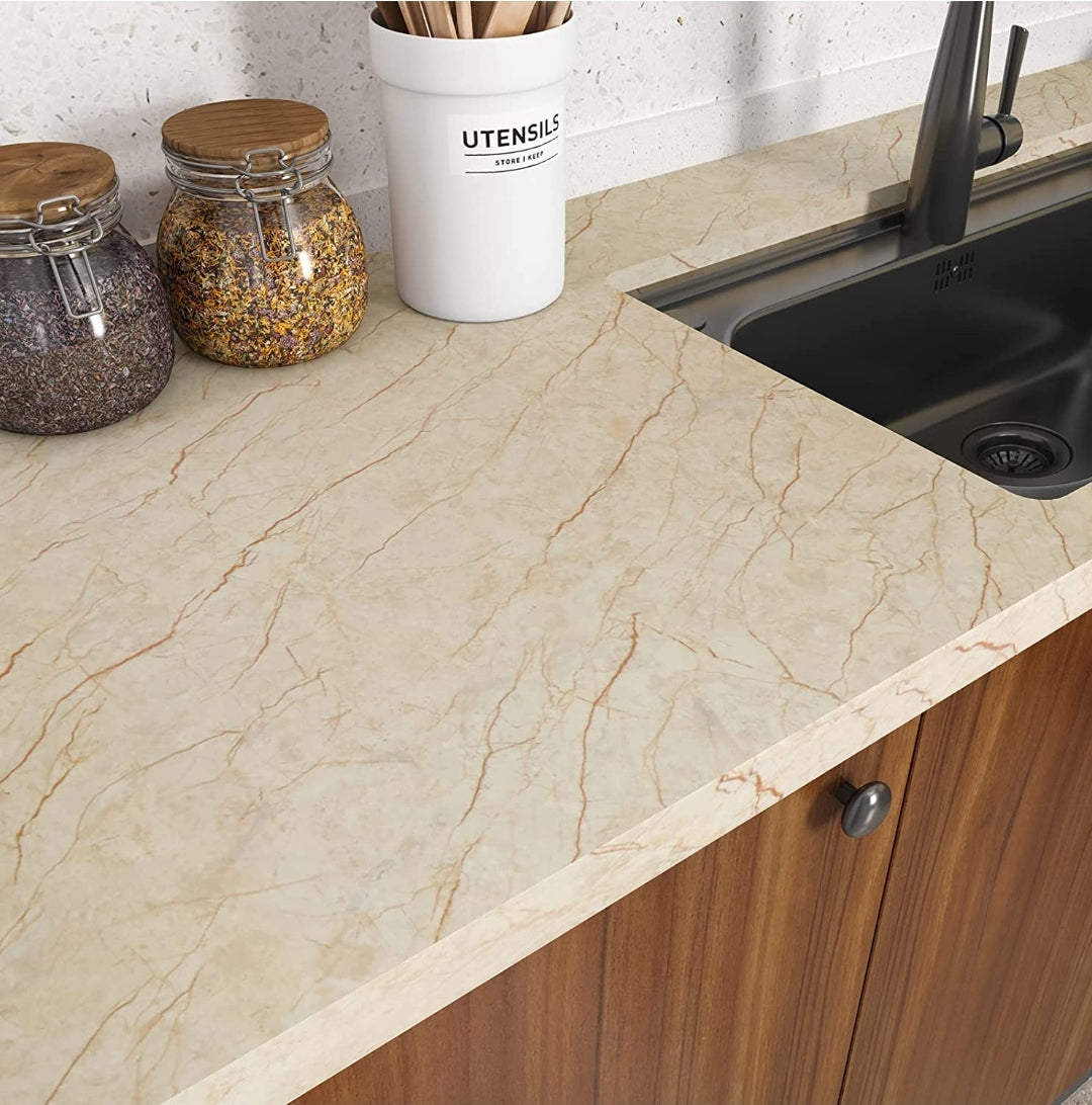 Beige marble gloss extra wide roll from Budget Interiors, showing a smooth, shiny marble surface ideal for interior decor.