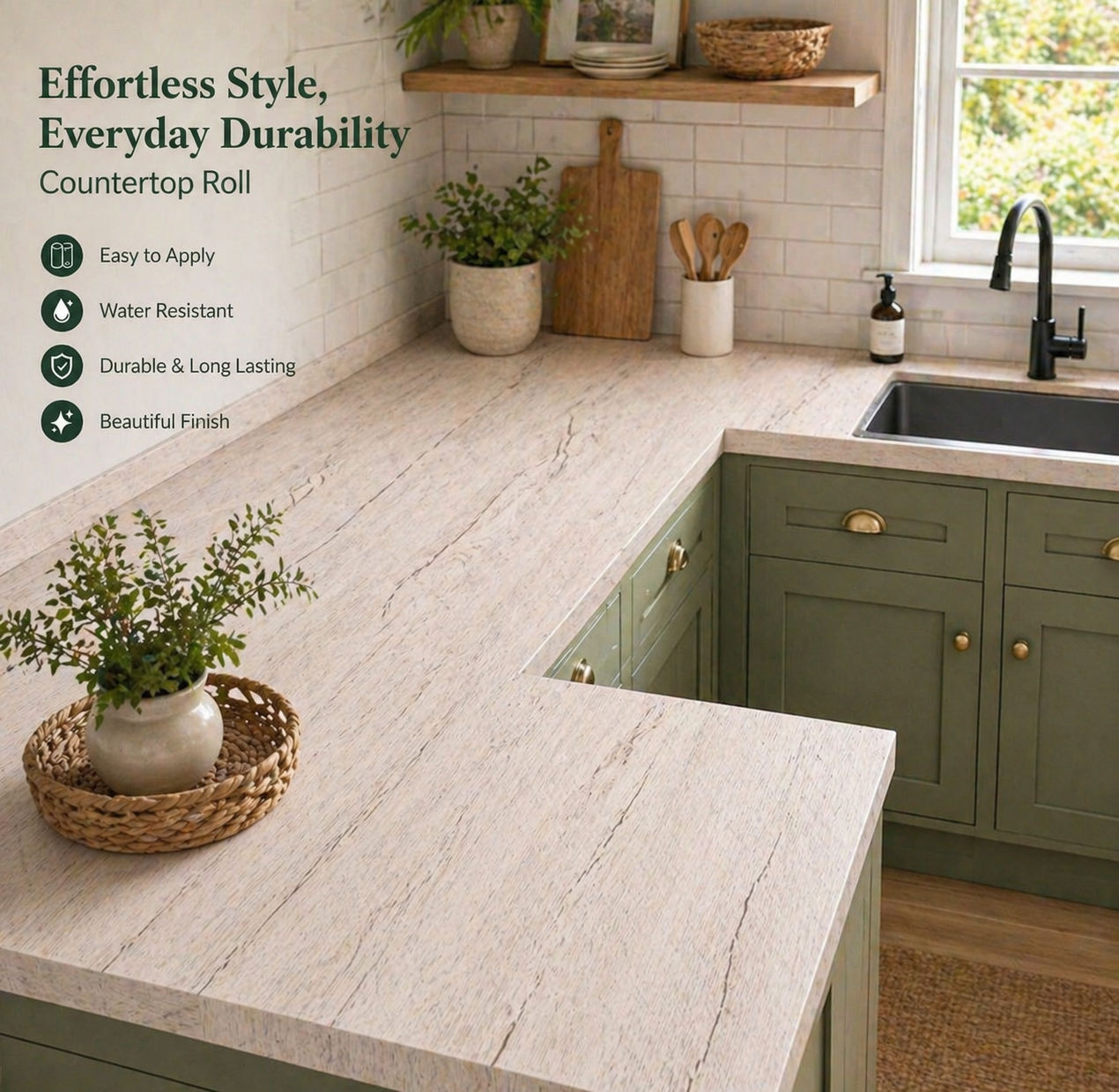 Realistic oak effect oil and waterproof countertop roll from Budget Interiors, showing wood grain texture and durable surface.