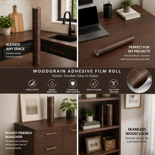 Dark wood self-adhesive roll, 10 metres from Budget Interiors, showing textured wood pattern for home or furniture decorating.