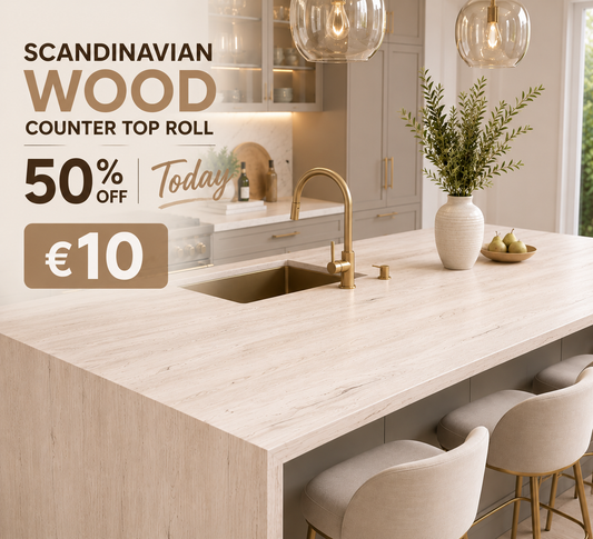 Scandinavian self-adhesive wallpaper roll from Budget Interiors with a modern geometric pattern in neutral tones.