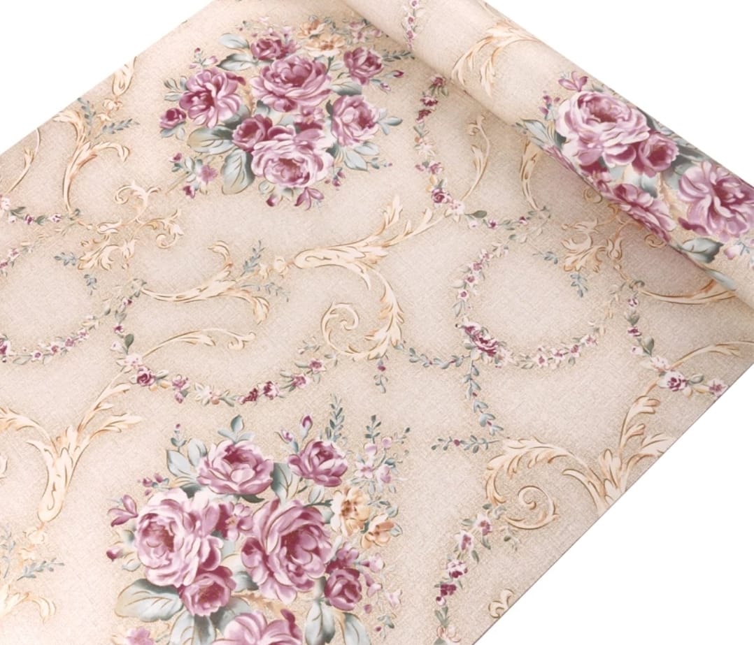 Beige & Pink Vintage Theme Floral Wallpaper