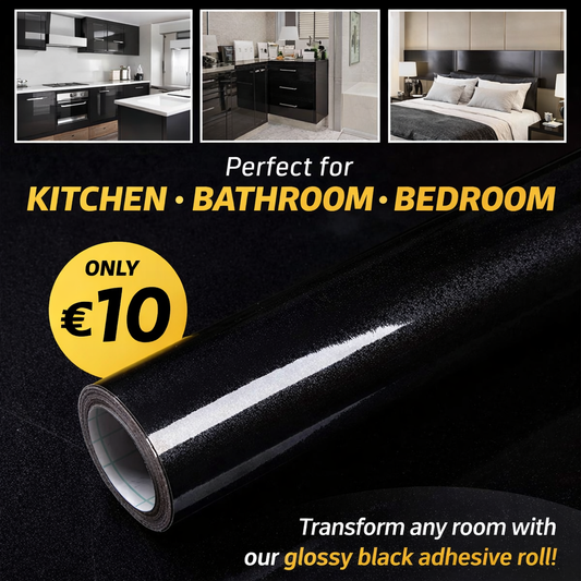 Black gloss roll from Budget Interiors, 60cm by 500cm, showing the shiny, smooth surface suitable for interior wall or surface finishing.