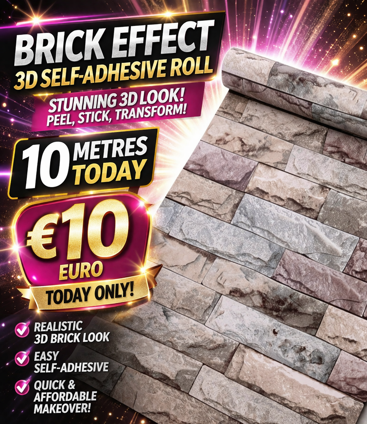 3D mix brick effect self-adhesive roll in brown and beige tones, 10 meters long, by Budget Interiors, for wall decorating.