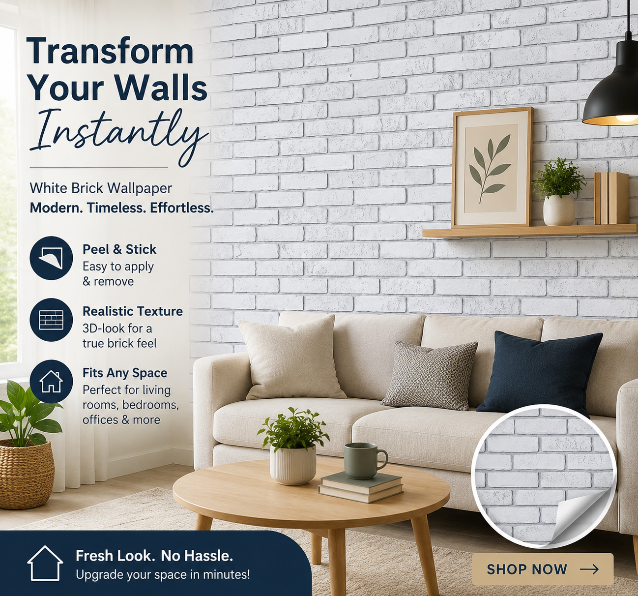 White and grey brick wallpaper by Budget Interiors showing a realistic brick pattern on smooth wallpaper surface.
