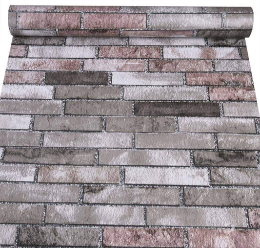 Close-up of Budget Interiors Mix Brick Wallpaper showcasing textured, multicolored brick pattern for interior wall decor.