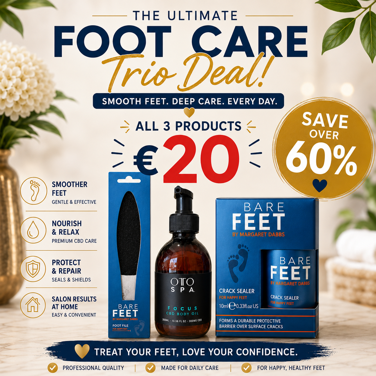 Foot care deal featuring various foot care products from Budget Interiors, including creams, tools, and accessories for healthy feet.