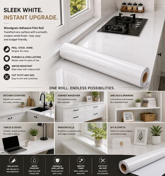 White gloss 60cm by 500cm wall panel from Budget Interiors, showcasing a sleek, shiny finish and smooth surface.