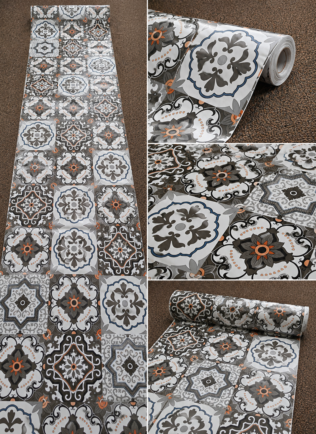 Mosaic tile effect stick-on roll for flooring from Budget Interiors, shown installed over existing floor with colorful mosaic pattern.
