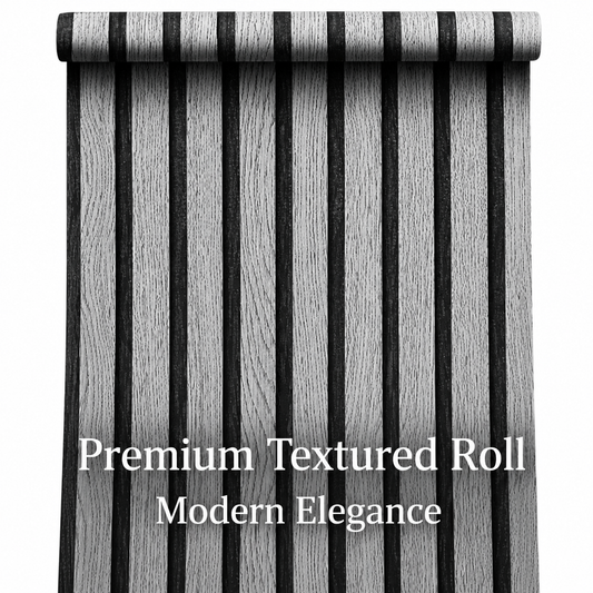 Grey and black pannelling wallpaper by Budget Interiors, 10 meters long, showcasing a modern, textured wall design.