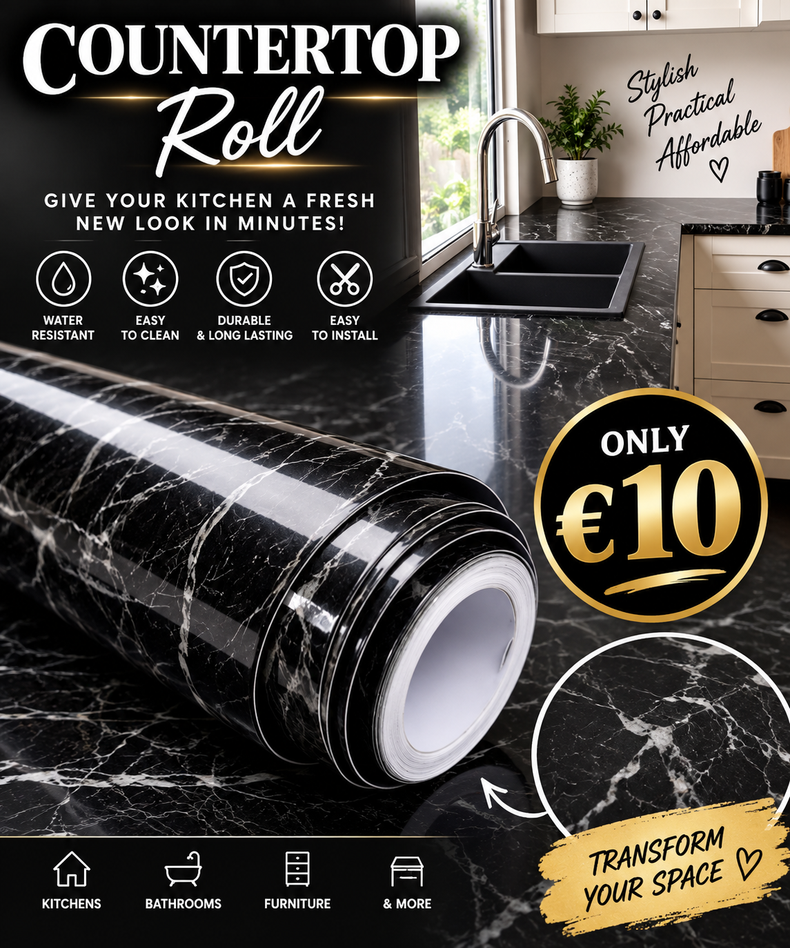 Black marble gloss surface by Budget Interiors showing a smooth, polished black marble texture with subtle white veining.