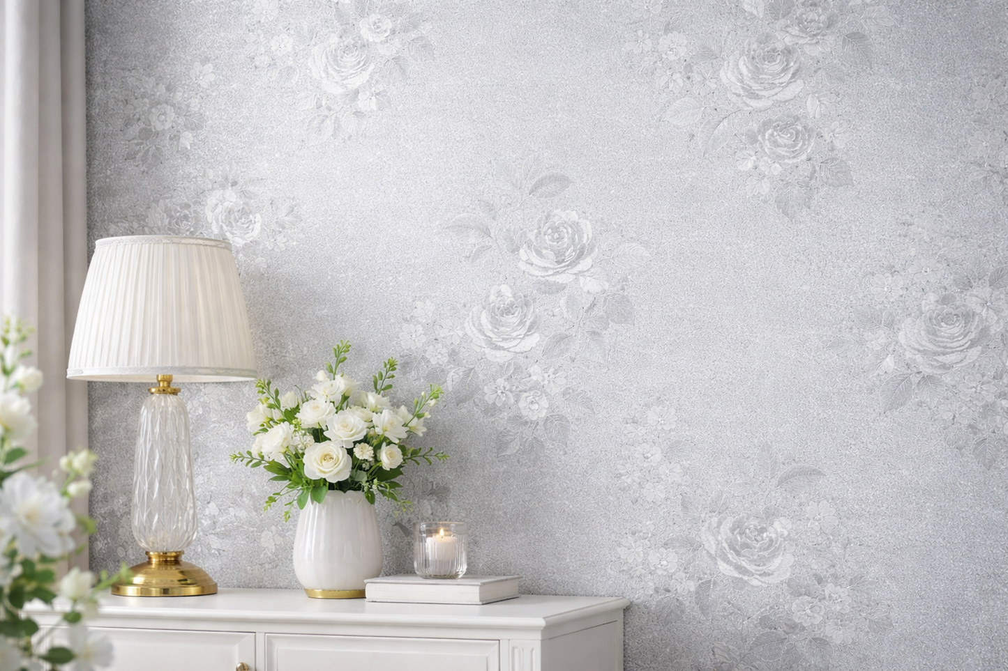 GREY & SILVER  FLORAL LUXURIOUS WALLPAPER (Thicker Roll) - Budget Interiors