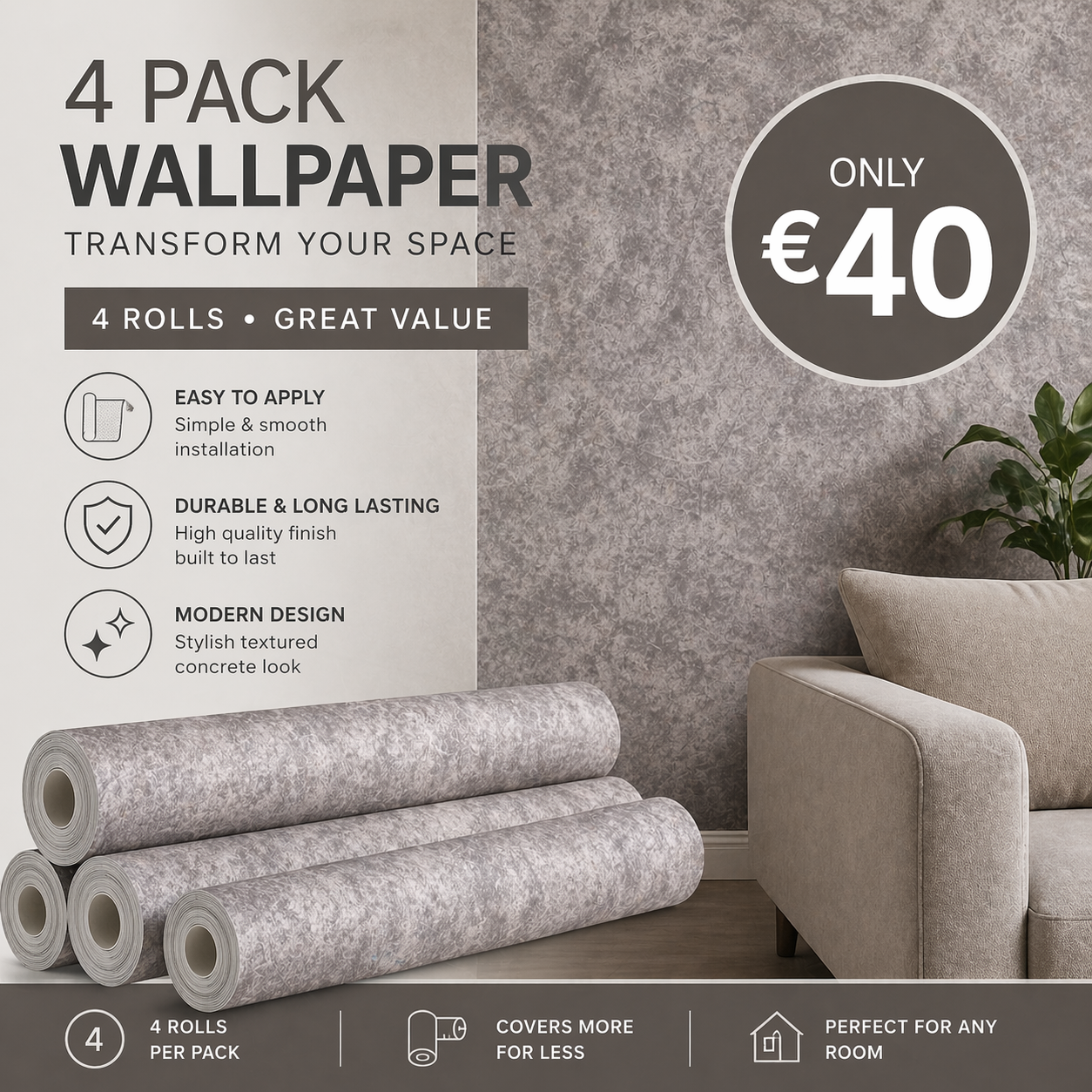 Four rolls of grey feature wall wallpaper from Budget Interiors, showing textured surface and pattern for stylish interior decor.