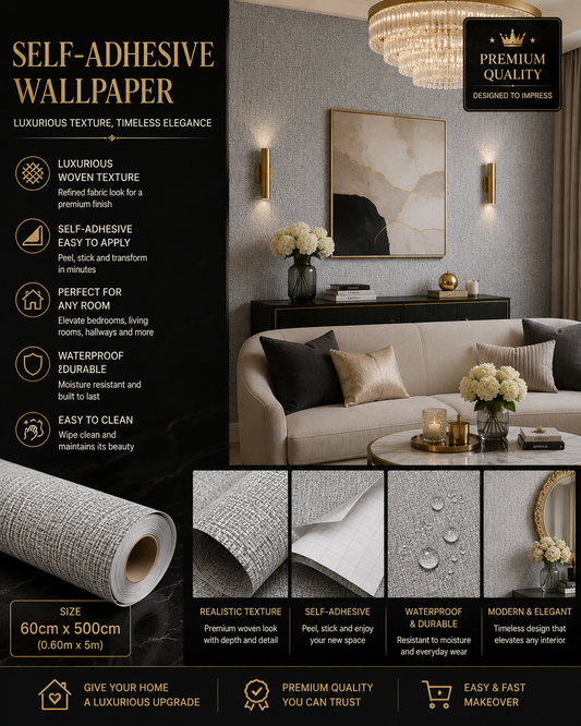 Grey woven wallpaper by Budget Interiors featuring a textured, fabric-like pattern suitable for modern interior decor.