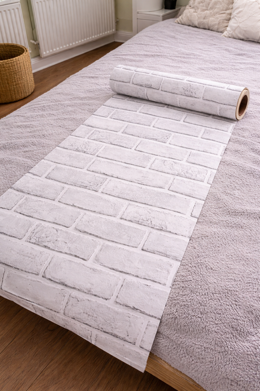 White Brick 3D Effect Wallpaper by Budget Interiors showing a textured, luxurious brick pattern on smooth wallpaper surface.