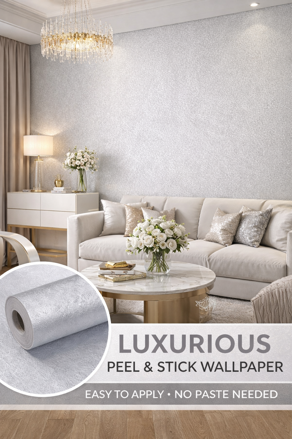 Silver satin effect embossed wallpaper by Budget Interiors, 10 meters, showcasing a luxurious textured satin finish.