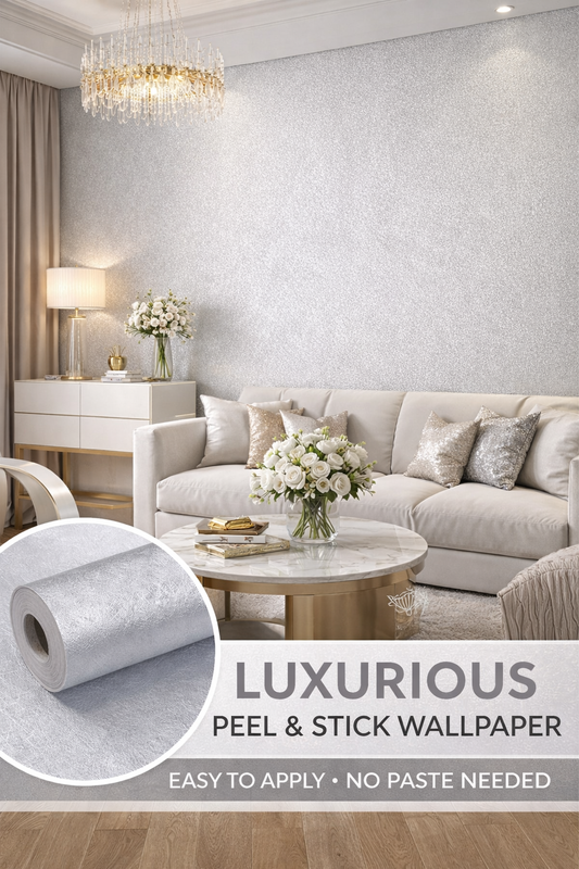 Silver satin effect embossed wallpaper by Budget Interiors, 10 meters, showcasing a luxurious textured satin finish.