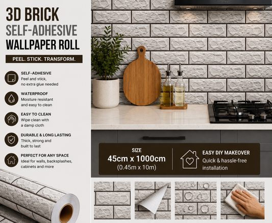 Grey 3D tile effect peel-and-stick roll by Budget Interiors, showing the textured tile design on a 10-meter adhesive roll.